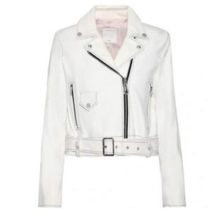 Sandro Edwin White Sheepskin Leather Cropped Motorcycle Jacket A1A Moto